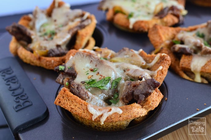 Slimming Eats Philly Cheese Steak Toast Cups -  Slimming Eats and Weight Watchers friendly