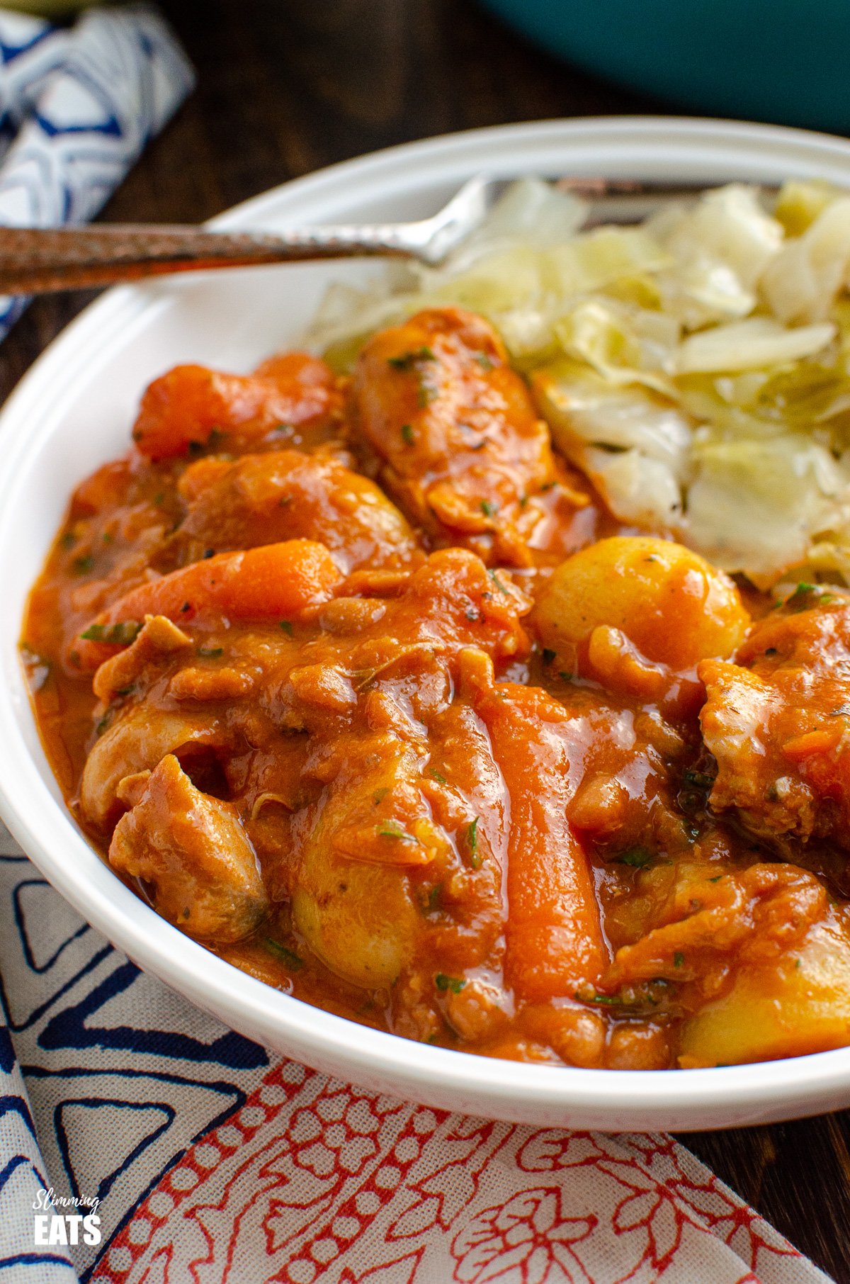 Chicken and Baked Bean Casserole - fall off the bone meat, tender pieces of chicken with delicious vegetables of carrots and new potatoes in a rich baked bean and tomato sauce. #chicken #potatoes #beans #casserole #instantpot #slowcooker #slimmingeats #weightwatchers close up of chicken and baked bean casserole in white bowl with cabbage
