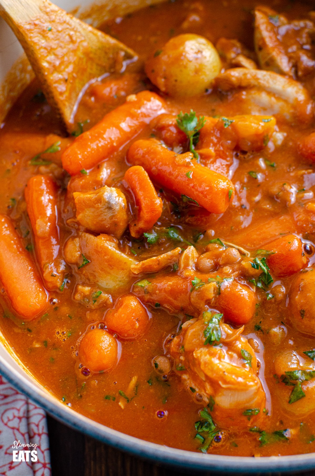 Chicken and Baked Bean Casserole - fall off the bone meat, tender pieces of chicken with delicious vegetables of carrots and new potatoes in a rich baked bean and tomato sauce. #chicken #potatoes #beans #casserole #instantpot #slowcooker #slimmingeats #weightwatchers close up of chicken and baked bean casserole in cast iron pot