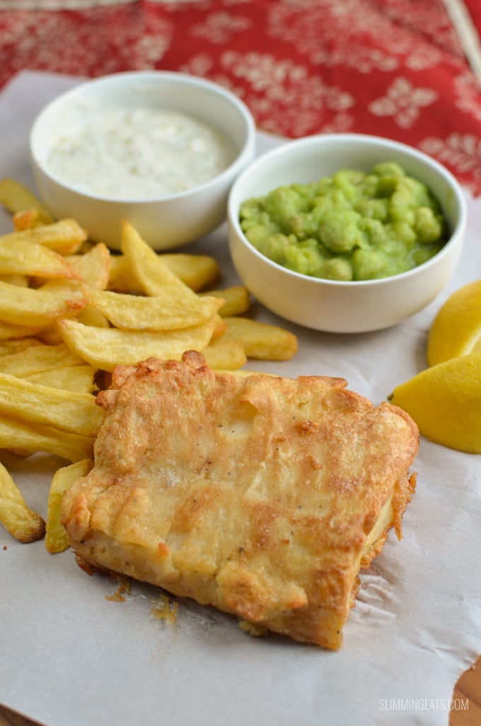 homemade Fish and Chips with mushy peas and tartar sauce