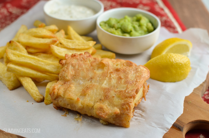 homemade Fish and Chips with mushy peas and tartar sauce