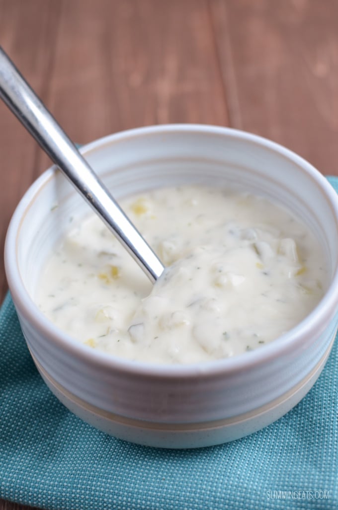 Make this Best Ever Low Calorie Fish and Chips for the perfect chip shop fakeaway night homemade tartar sauce in bowl