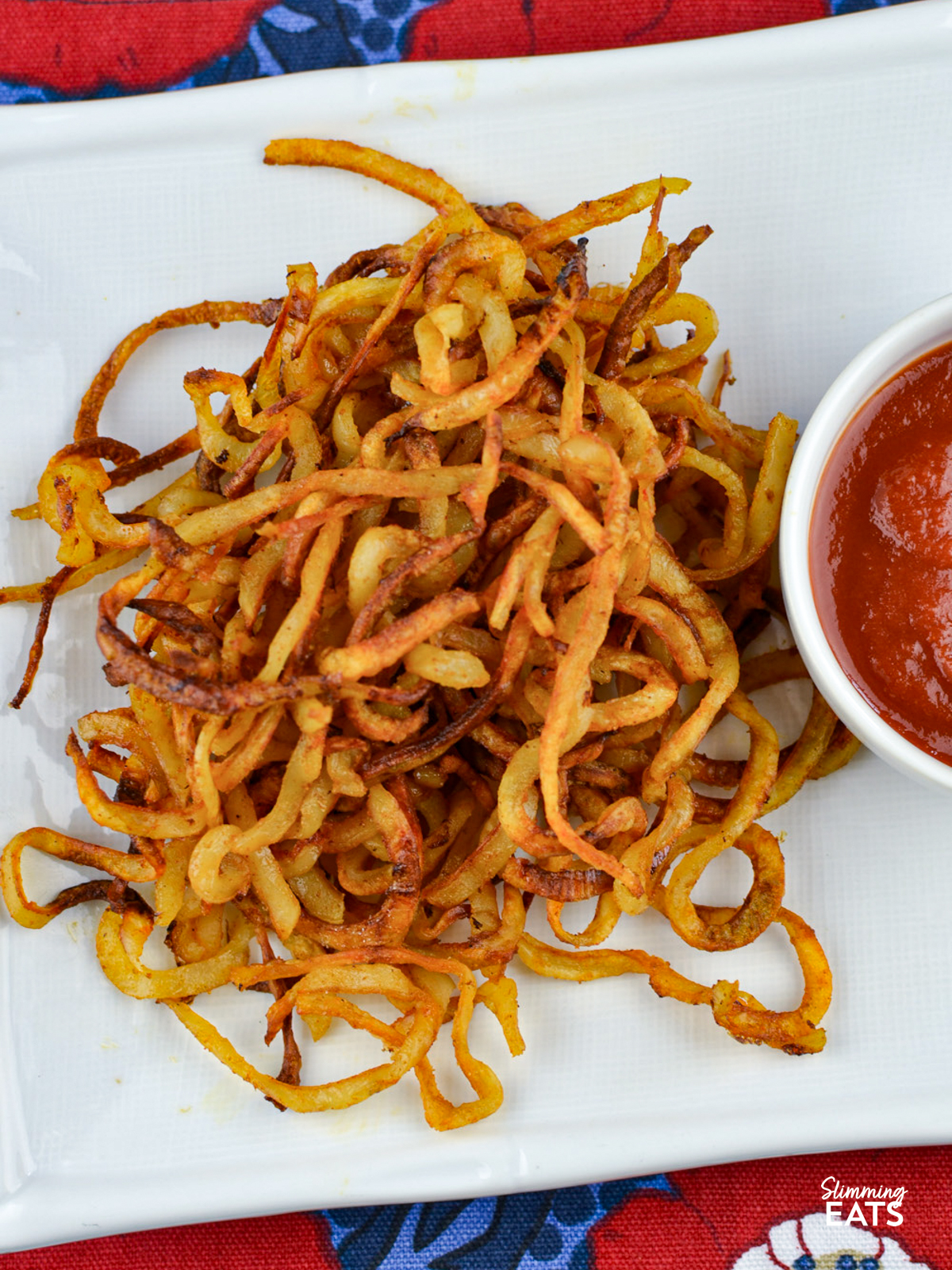 seasoned curly fries on a white plate with ketchup in a small white bowl, all place on a blue, red and white patterned kitchen towel. 