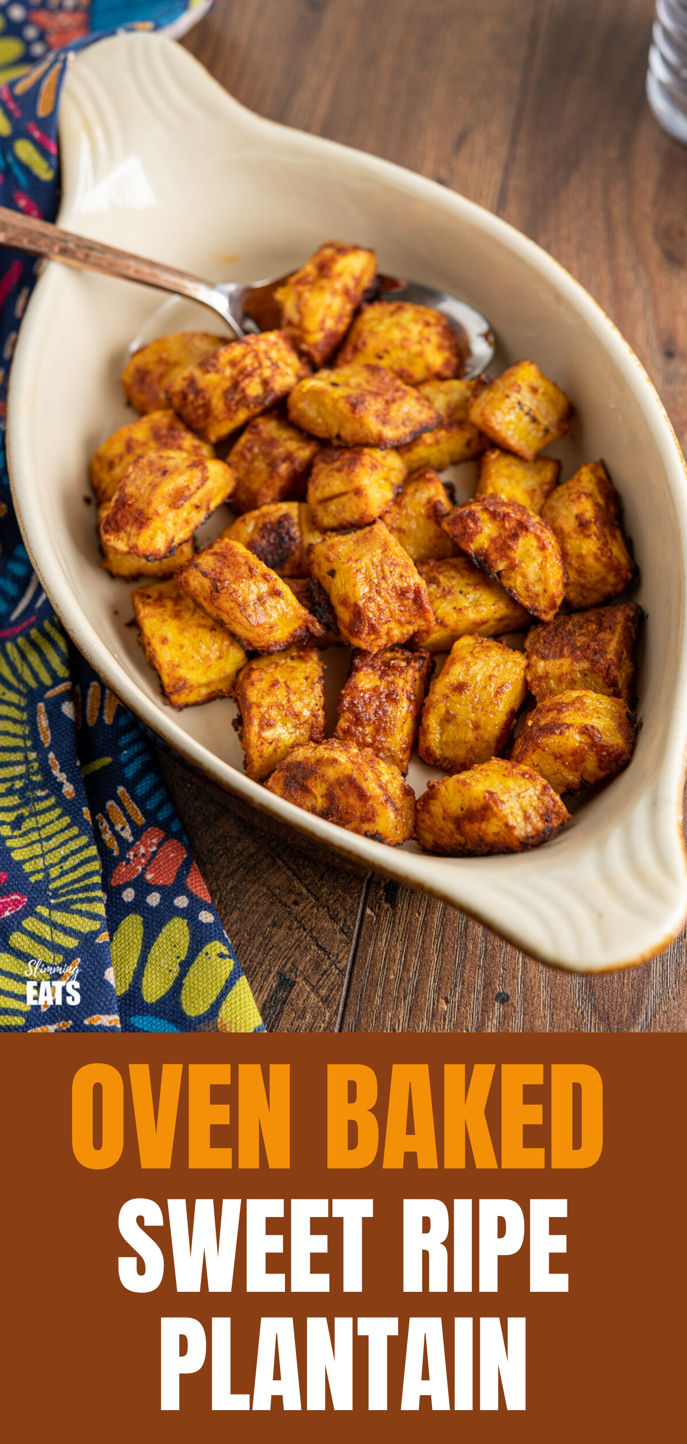 Baked Sweet Plantain - a yummy sweet and savoury side dish using ripe plantain and seasoning. #glutenfree #dairyfree #plantain #slimmingworld #weightwatchers OVEN BAKED SWEET RIPE PLANTAIN IN DISH WITH SPOON FEATURED PIN