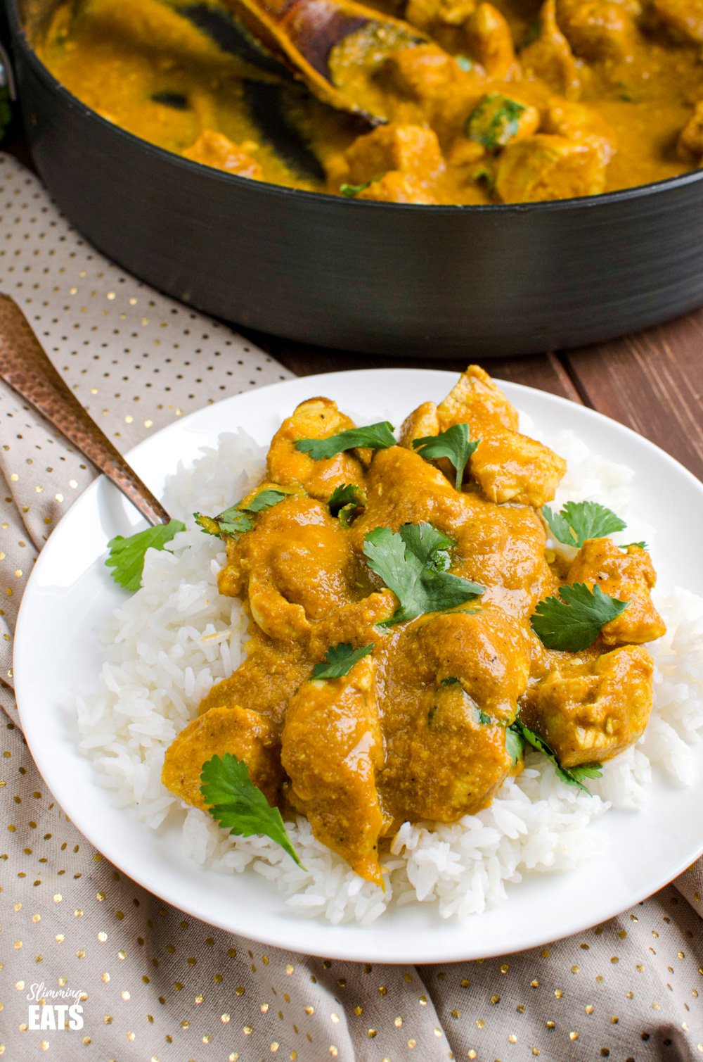 serving of chicken korma over white rice on white plate with pan on korma in background