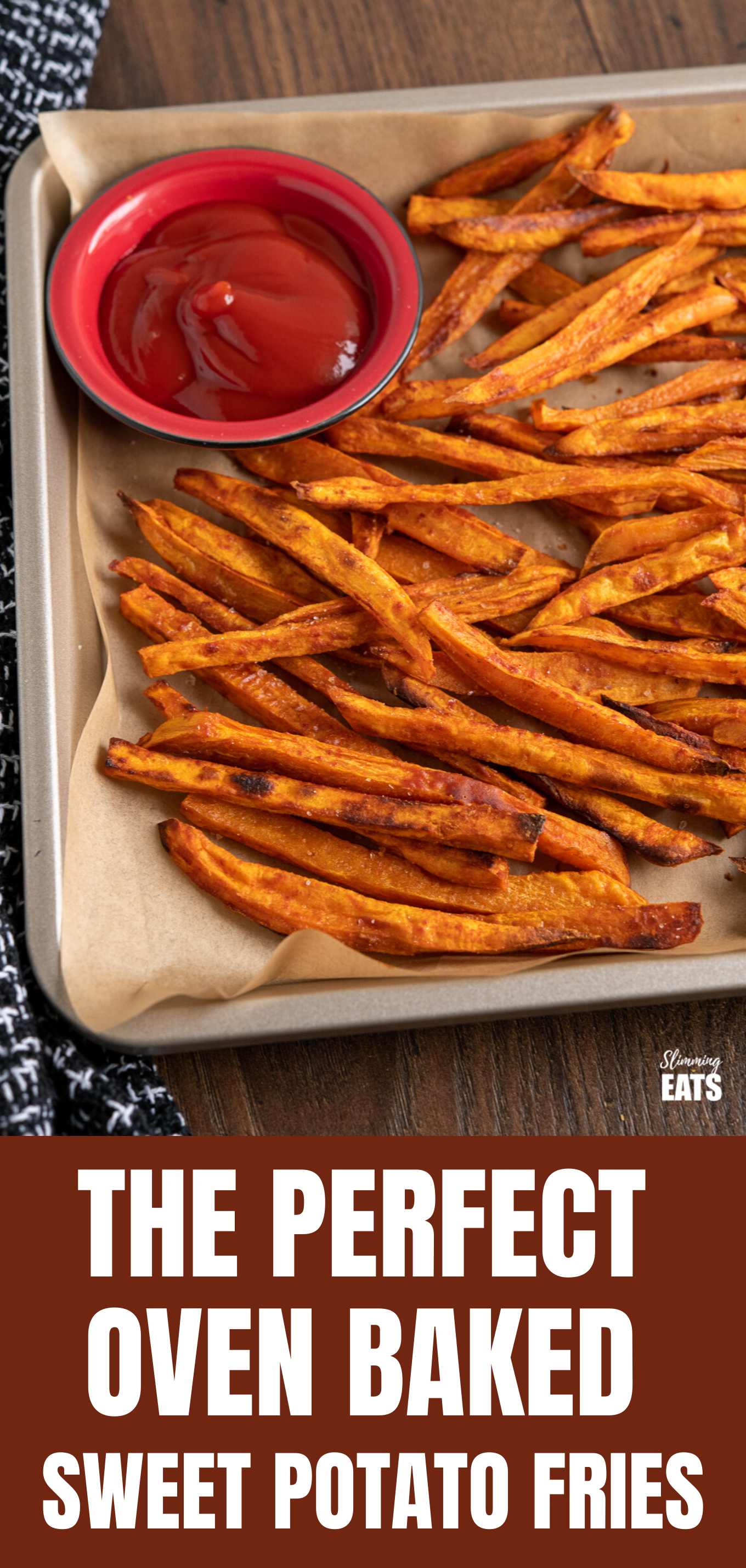 Perfect Oven-Baked Sweet Potato Fries (from www.slimmingeats.com) - a simple easy method for perfect sweet potato fries, cooked in the oven instead of deep-fried and a delicious healthy side for a variety of main courses. Gluten Free, Dairy Free, Vegetarian, Slimming World and Weight Watchers friendly Sweet Potato Fries feature pin image