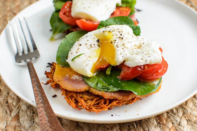 Slimming Eats Sweet Potato Hash Brown Breakfast Stacks - gluten free, dairy free, paleo, Slimming Eats and Weight Watchers friendly Slimming Eats Sweet Potato Hash Brown Breakfast Stacks - gluten free, dairy free, paleo, Slimming Eats and Weight Watchers friendly