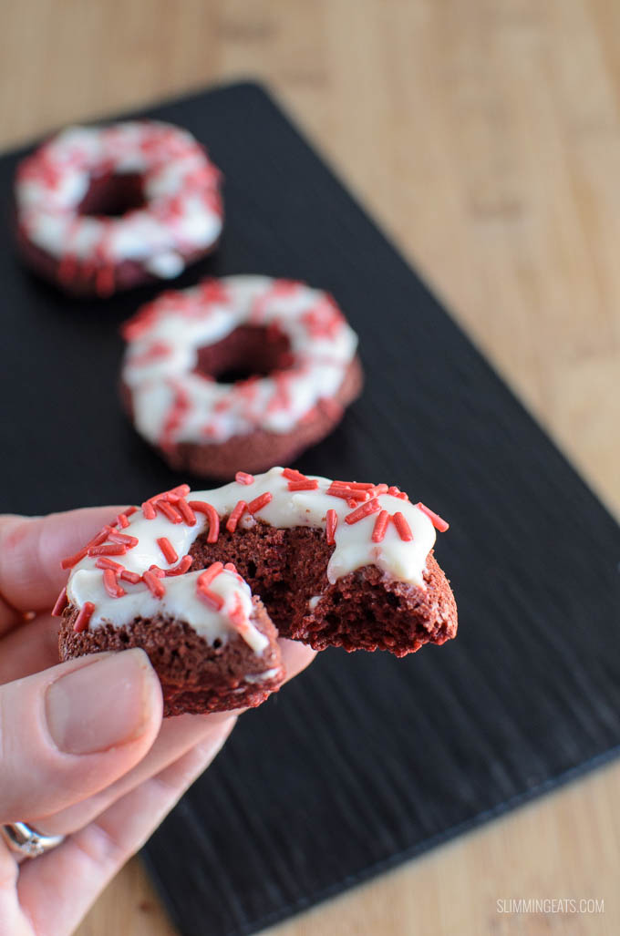 Slimming Eats Low Syn Baked Red Velvet Doughnuts - gluten free, vegetarian, Slimming World and Weight Watchers friendly