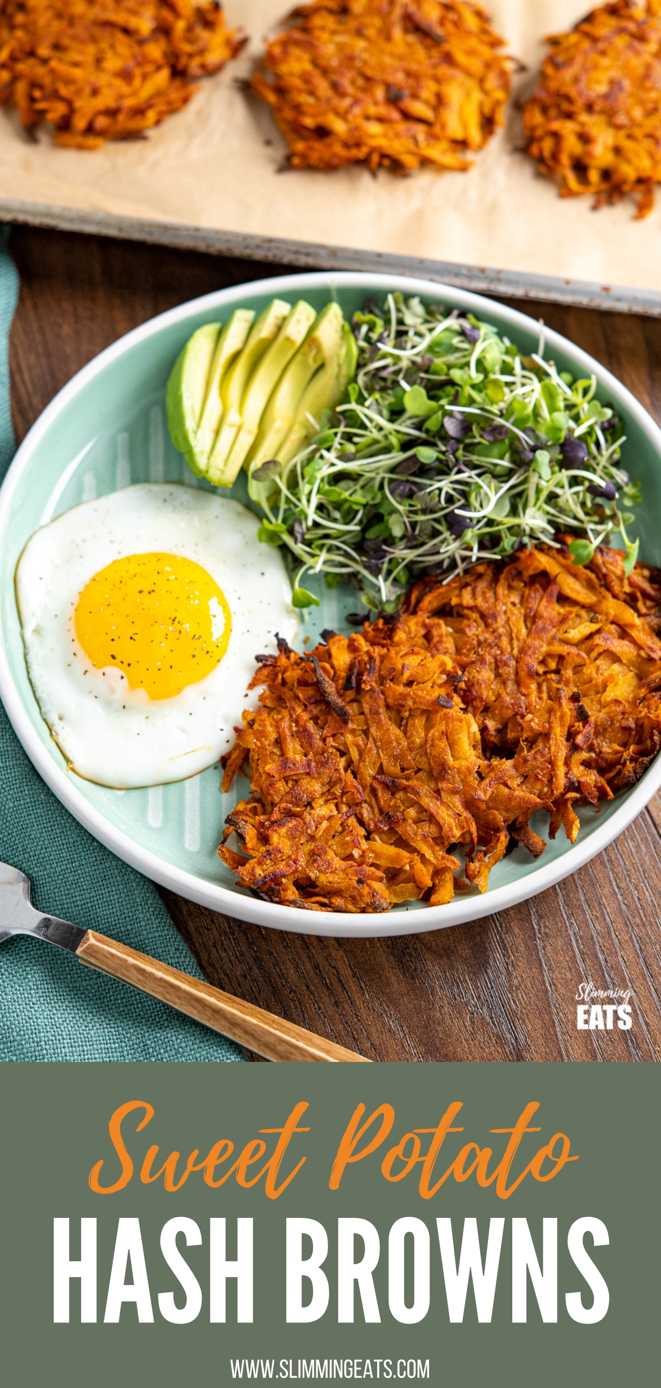 sweet potato hash browns with egg, avocado and micro greens on a teal plate.