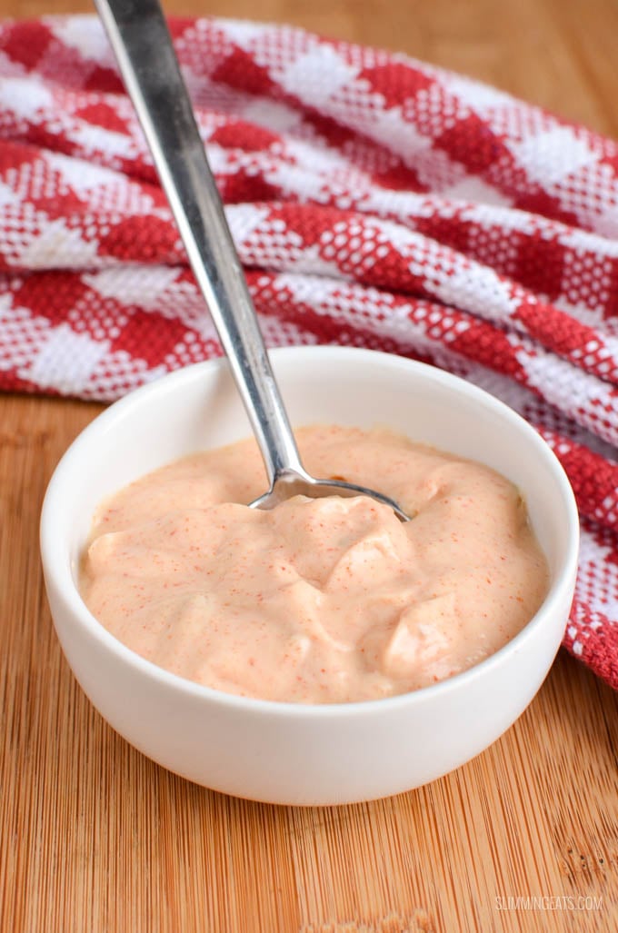 Big Mac and Fries Fakeaway - A healthier take on a everyone's favourite fast food burger meal. That can also be made using healthy extras and a few changes to the sauce. Slimming Eats and Weight Watchers friendly lighter big mac sauce in a white bowl with spoon