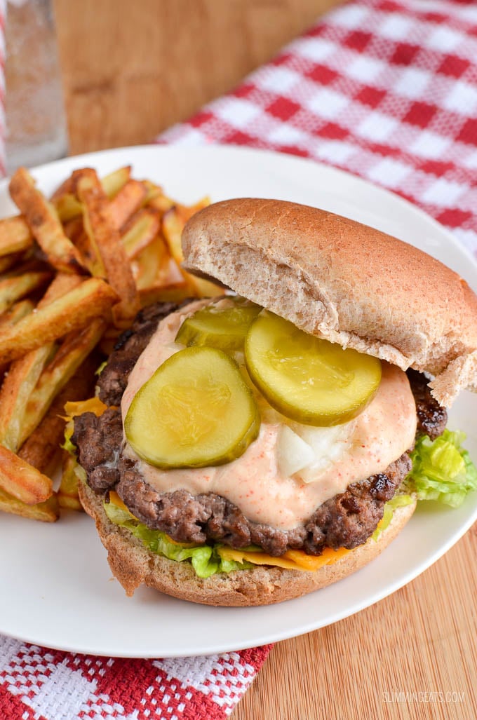 Big Mac and Fries Fakeaway - A healthier take on a everyone's favourite fast food burger meal. That can also be made using healthy extras and a few changes to the sauce. Slimming Eats and Weight Watchers friendly A healthier version of a big mac and fries on a white plate with a red and white chequed napkin