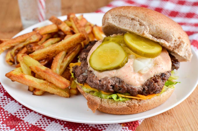 Big Mac and Fries Fakeaway - A healthier take on a everyone's favourite fast food burger meal. That can also be made using healthy extras and a few changes to the sauce. Slimming Eats and Weight Watchers friendly Slimming Eats Big Mac and Fries Fakeaway - create you favourite fast food meal with this healthier Slimming Eats and Weight Watchers friendly version