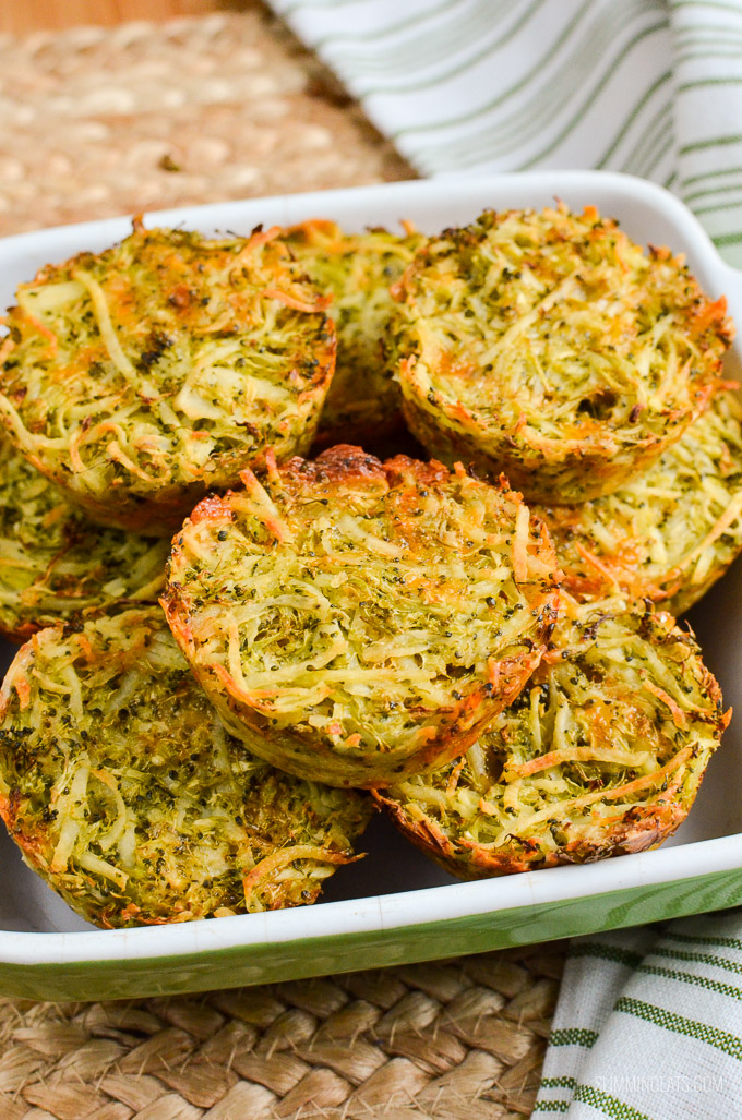 Broccoli Cheddar Hash Brown Muffins  in an oven dish with green and white striped napkin