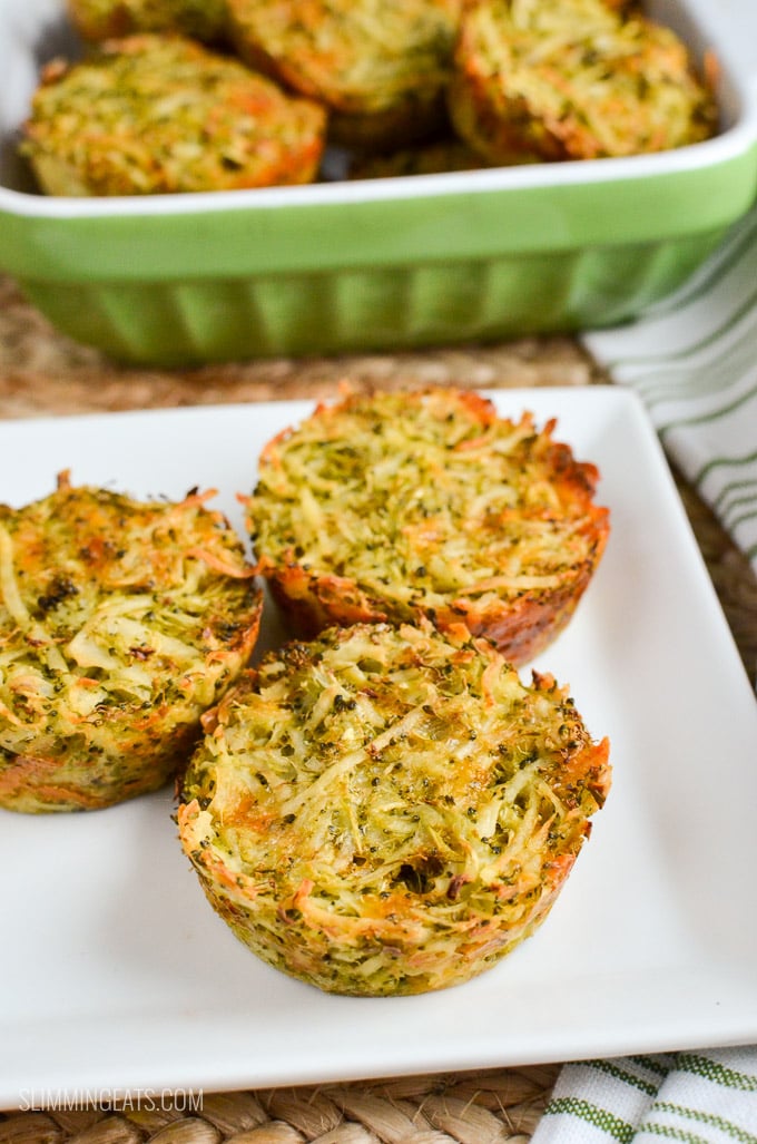 Broccoli Cheddar Hash Brown Muffins  in an oven dish and some on a white plate