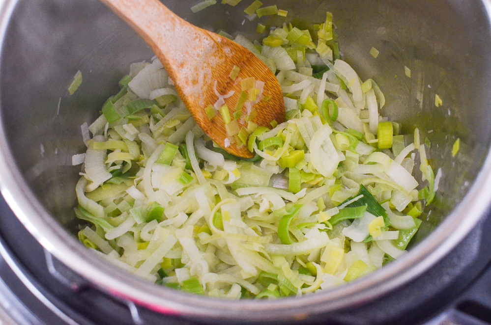 sautéed leeks, onion and garlic in the pan of instant pot