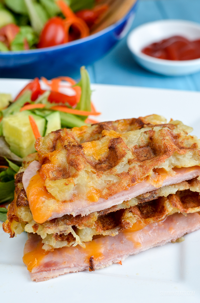 Syn Free Cheese and Ham Stuffed Hash Brown Waffle - gluten free, Slimming World and Weight Watchers friendly
