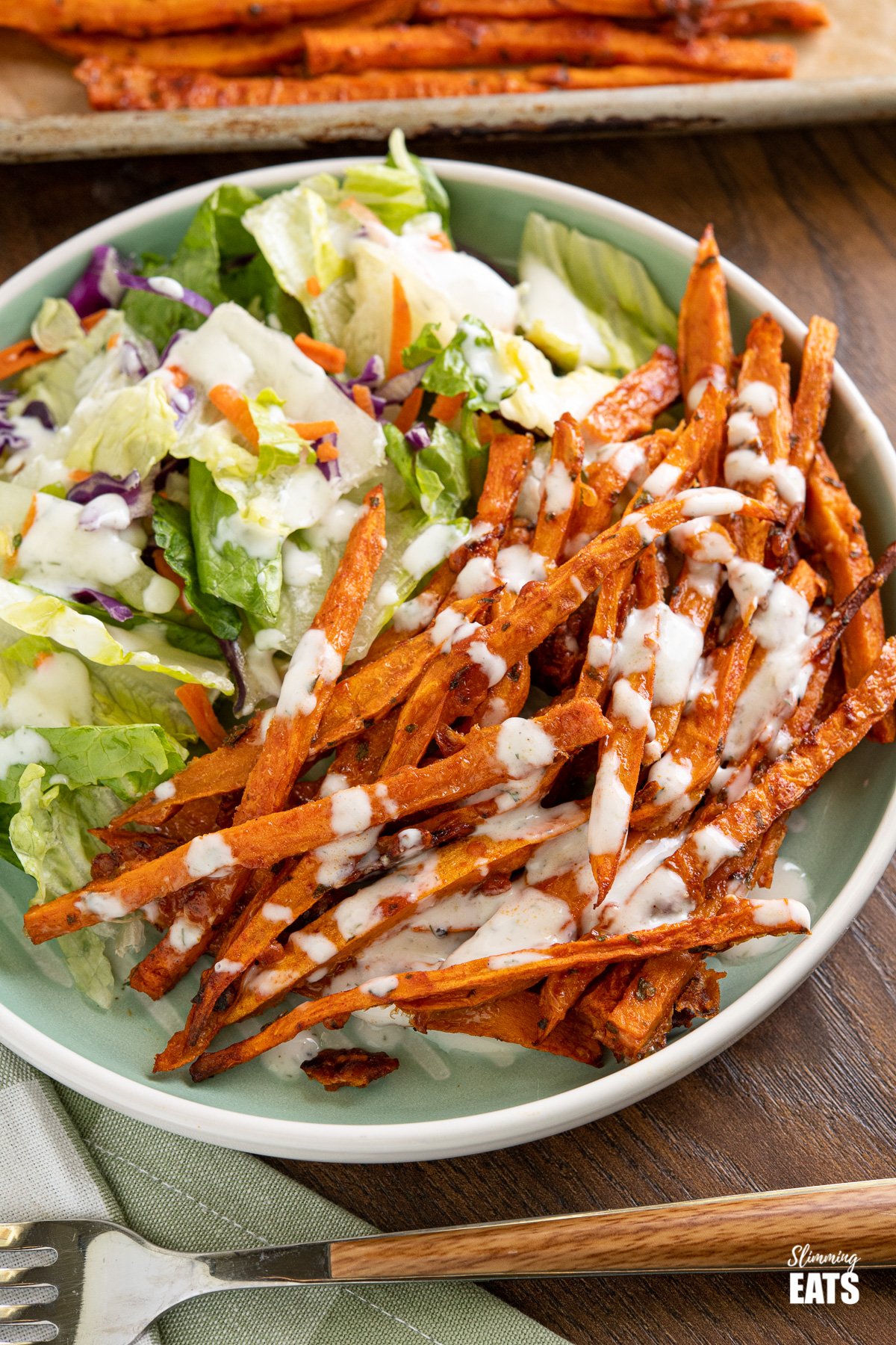 close up of Parmesan Sweet Potato Fries on light teal plate with salad.