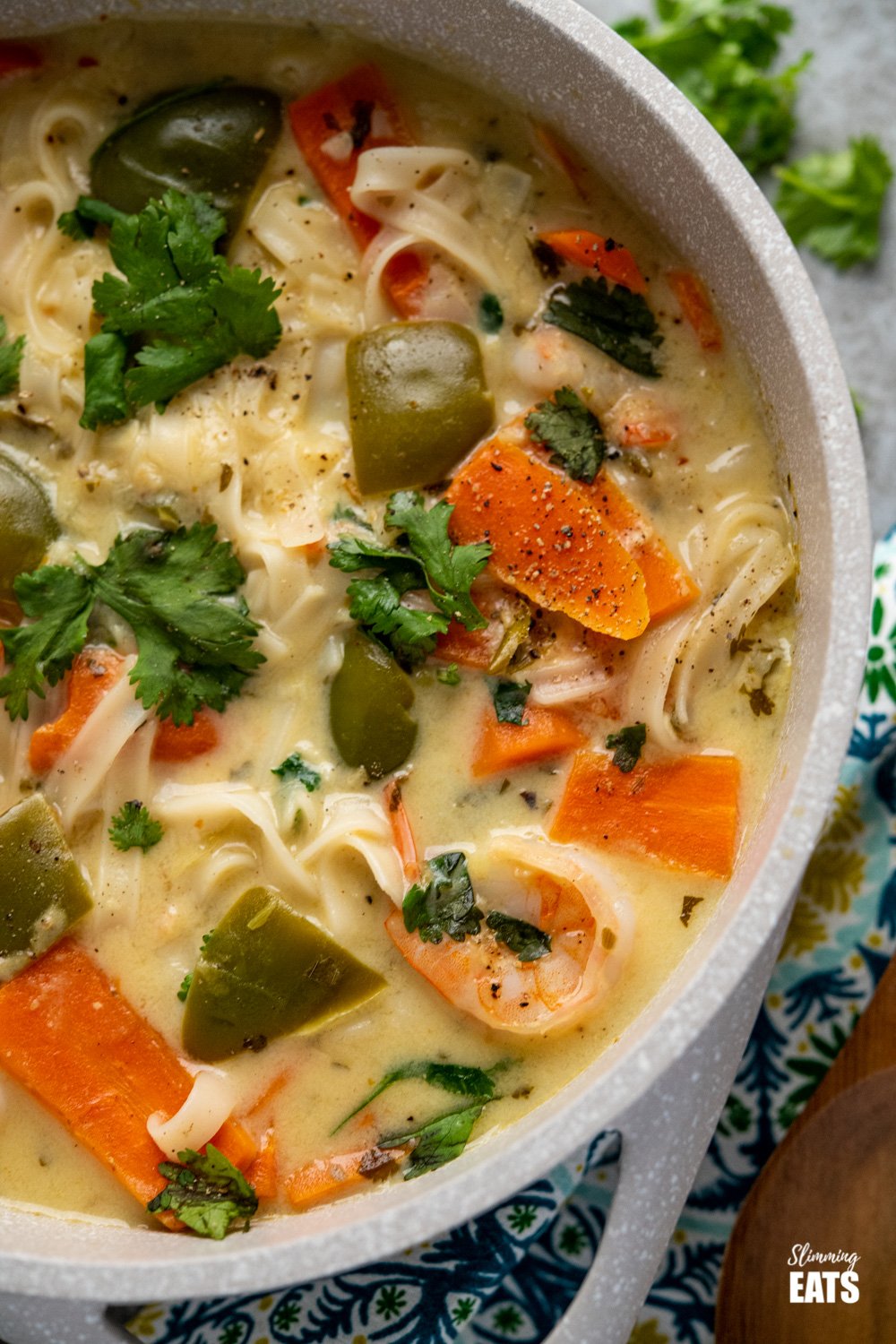  close up of Thai Coconut Shrimp Noodle Soup in grey speckling ceramic pan topped with chopped cilantro