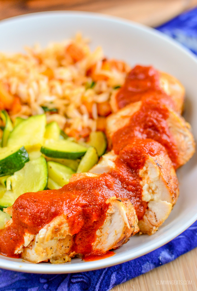 Slimming Eats Feta Stuffed Chicken with Roasted Red Pepper Sauce - gluten free, Slimming Eats and Weight Watchers friendly