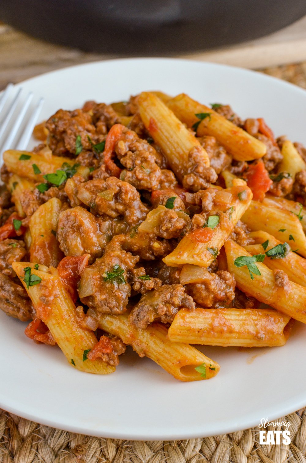 close up of One Pot Cheeseburger Pasta on white plate