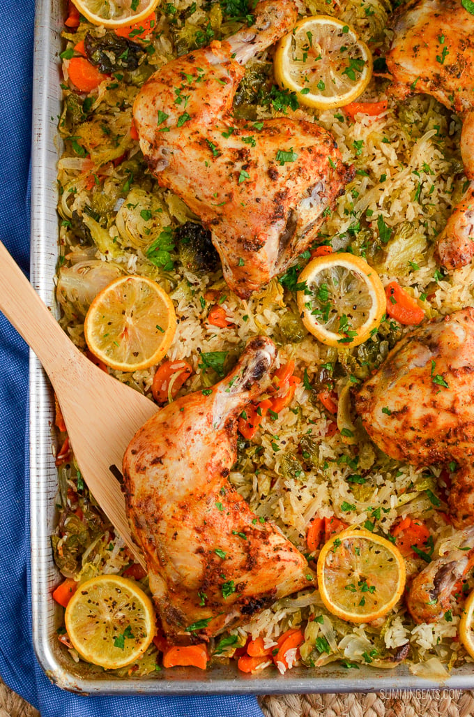 Slimming Eats Lemon Garlic Chicken Rice Traybake - gluten free, dairy free, Slimming Eats and Weight Watchers friendly