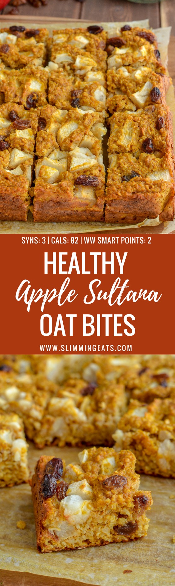 Healthy Apple Sultana Oat Bites which are super easy to make and perfect for the whole family to enjoy. They contain no artificial sweeteners and are a perfect breakfast, dessert or snack. Just 3 syns on Slimming World or 2 WW Smart Points per bite | www.slimmingeats.com