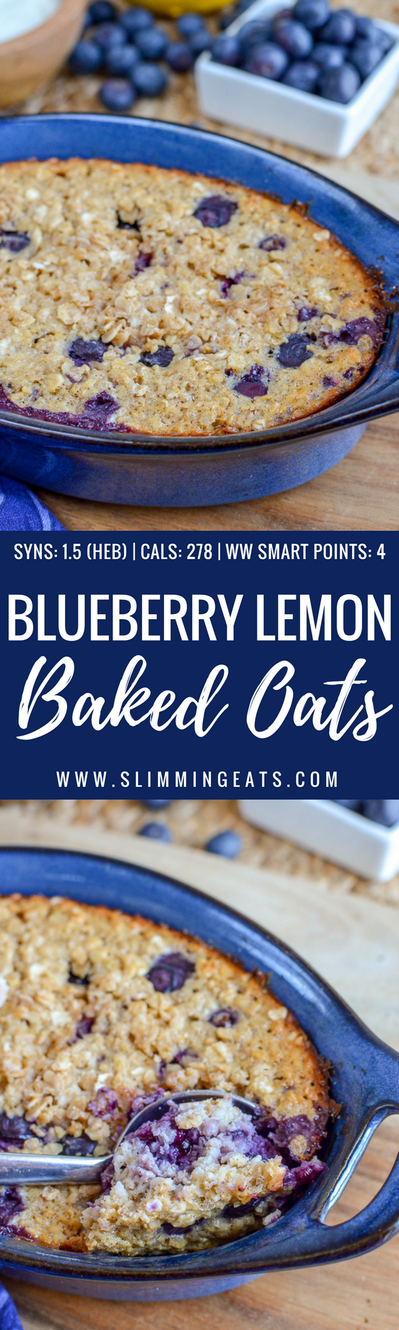 Start your morning with a dish of this delicious Blueberry and Lemon Baked Oats | www.SlimmingEats.com