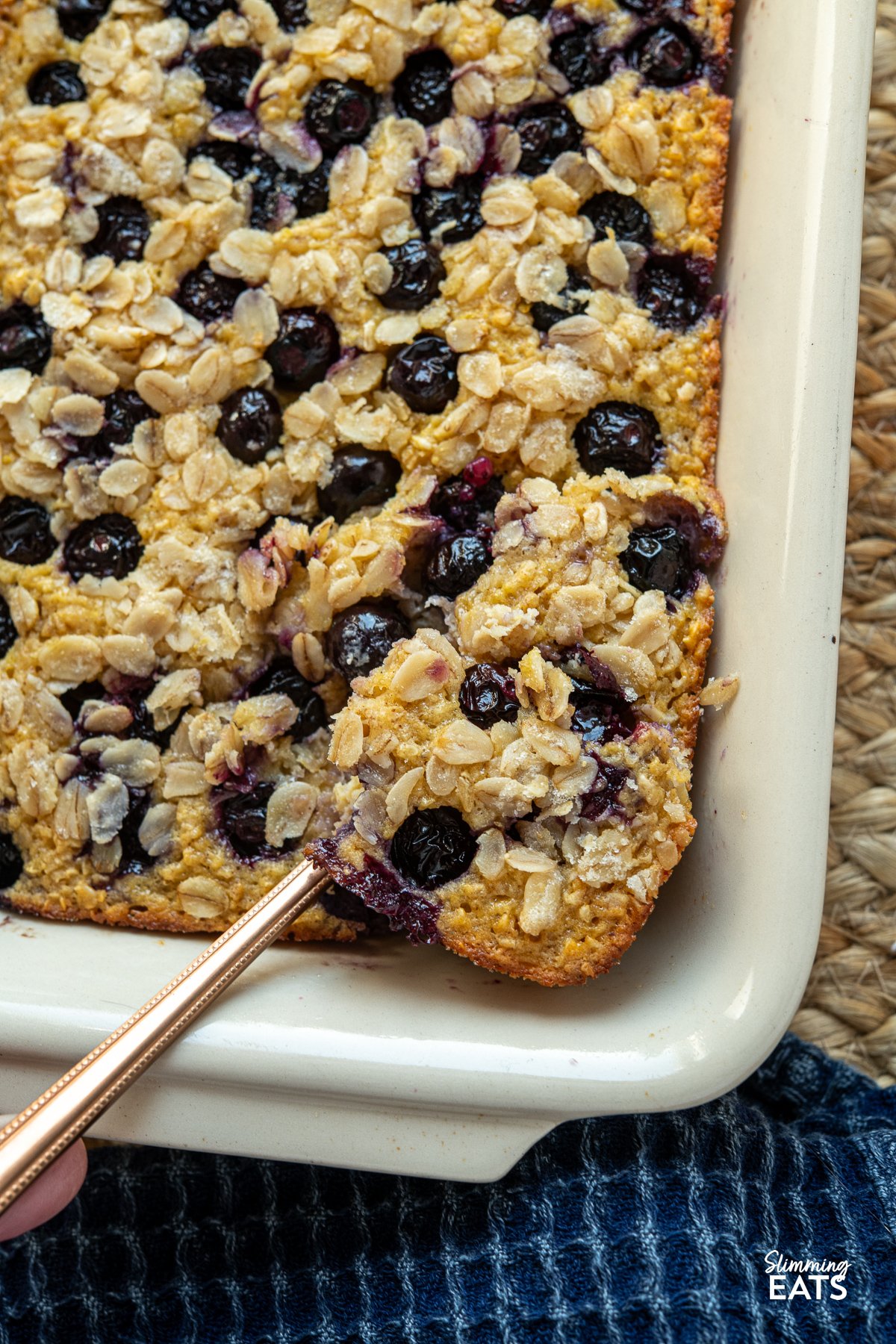 Freshly baked Lemon Blueberry Oats  in a baking dish