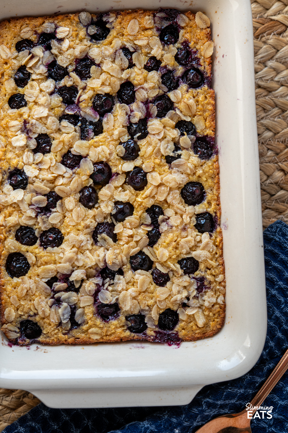 close up of Freshly baked Lemon Blueberry Oats in a baking dish, 