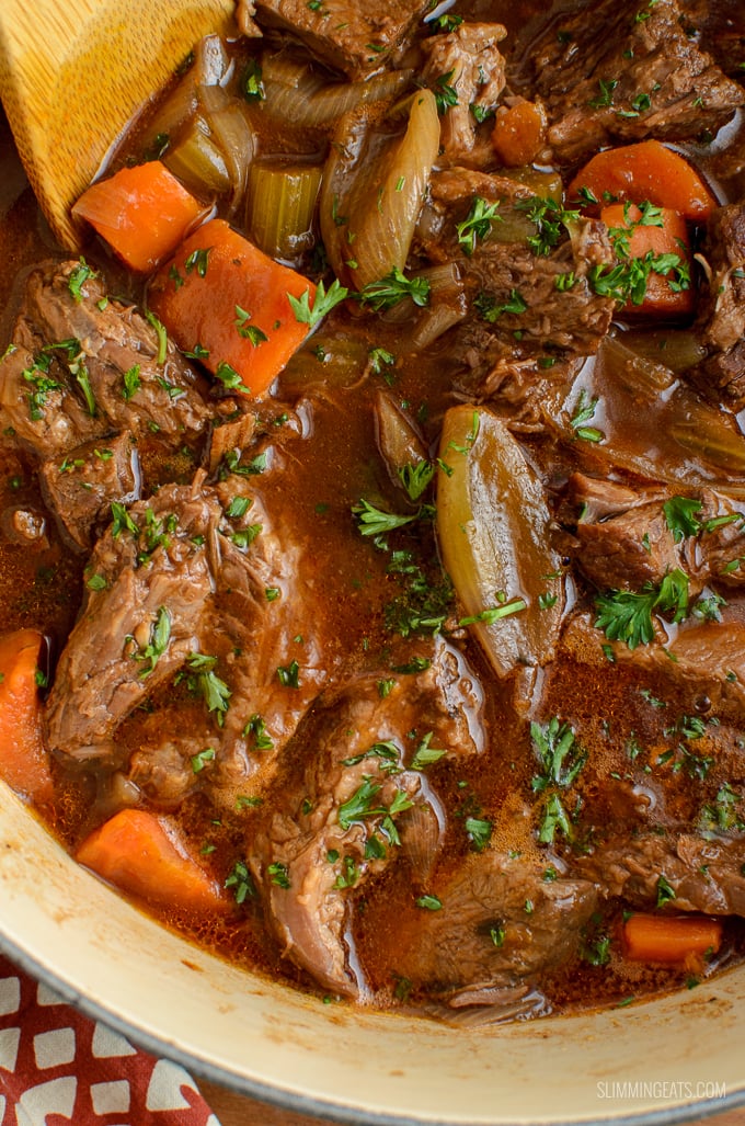 Melt in your mouth Low Syn Slow Cooker Guinness Beef Brisket - a delicious rich hearty dish that is pure comfort in a bowl. Dairy Free, Slimming World and Weight Watchers friendly | www.slimmingeats.com