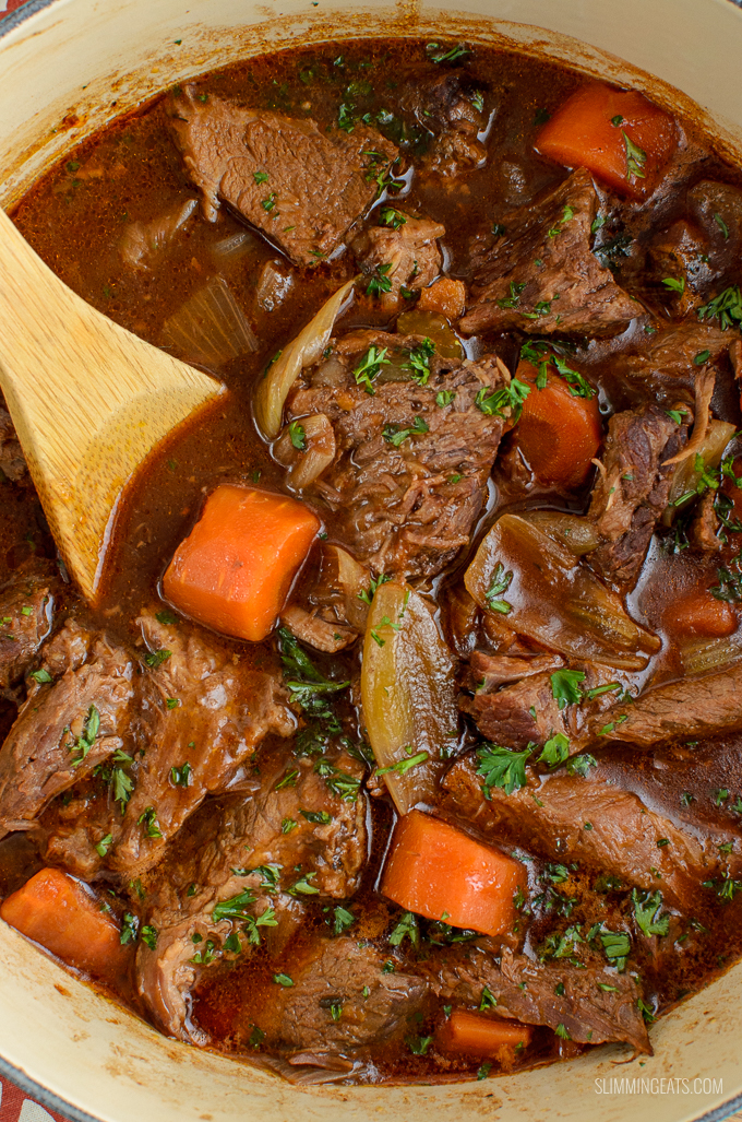 Melt in your mouth Low Syn Slow Cooker Guinness Beef Brisket - a delicious rich hearty dish that is pure comfort in a bowl. Dairy Free, Slimming World and Weight Watchers friendly | www.slimmingeats.com