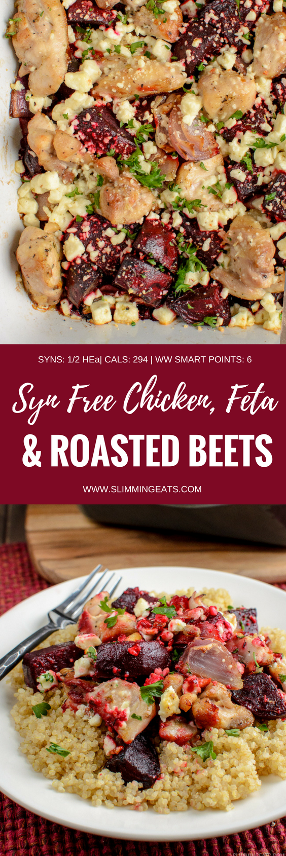 Flavour explosion in this Syn Free Chicken, Feta and Roasted Beetroot Bake - a perfect easy dinner. Gluten Free, Slimming World and Weight Watchers friendly | www.slimmingeats.com