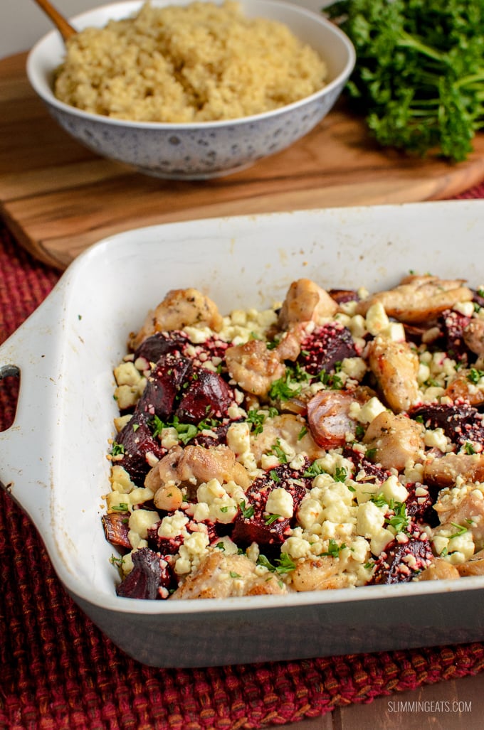 Flavour explosion in this Chicken, Feta and Roasted Beetroot Bake - a perfect easy dinner. Gluten Free, Slimming Eats and Weight Watchers friendly | www.slimmingeats.com