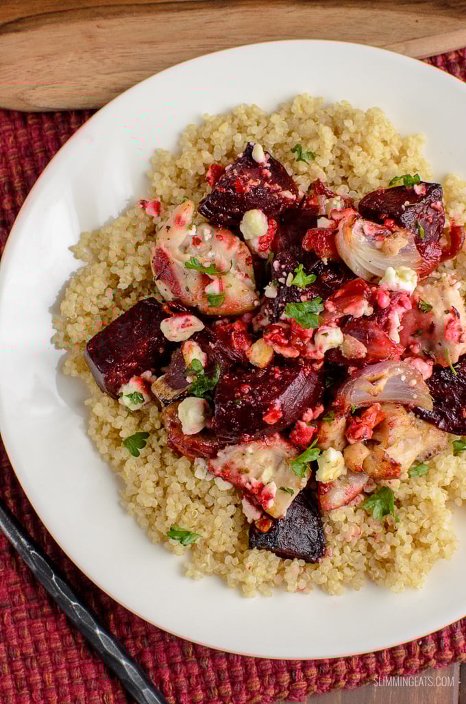 Flavour explosion in this Chicken, Feta and Roasted Beetroot Bake - a perfect easy dinner. Gluten Free, Slimming Eats and Weight Watchers friendly | www.slimmingeats.com