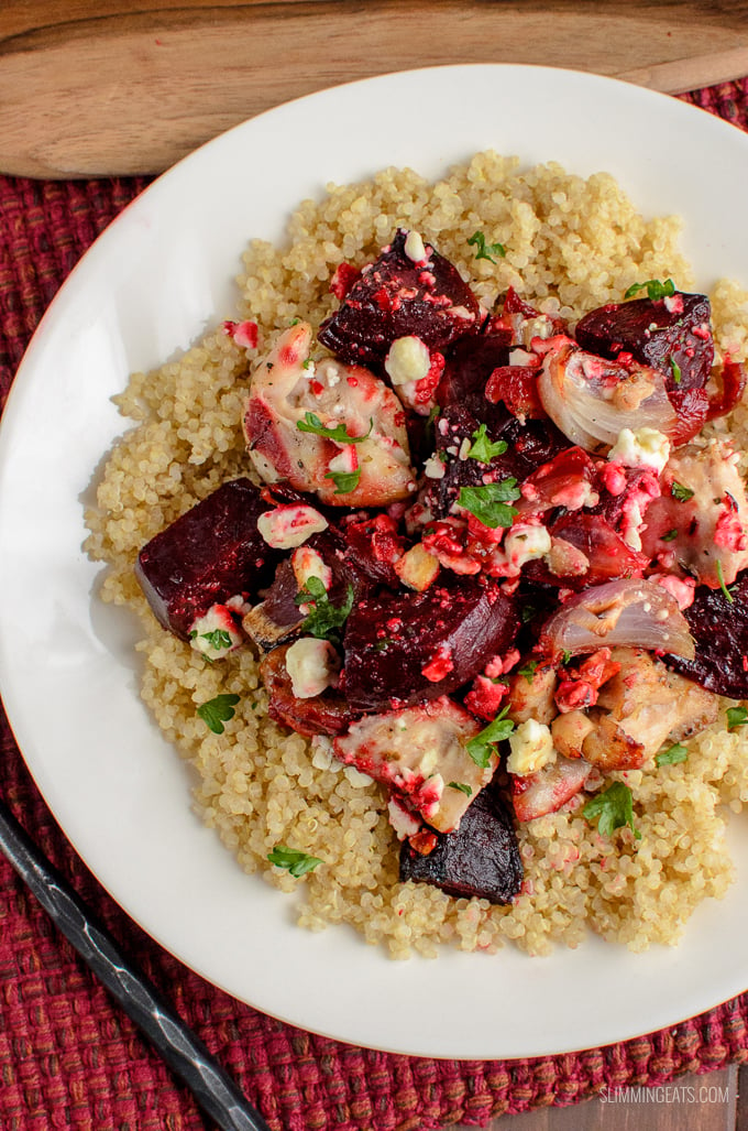 Flavour explosion in this Chicken, Feta and Roasted Beetroot Bake - a perfect easy dinner. Gluten Free, Slimming Eats and Weight Watchers friendly | www.slimmingeats.com