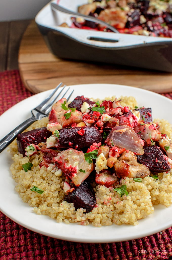 Flavour explosion in this Chicken, Feta and Roasted Beetroot Bake - a perfect easy dinner. Gluten Free, Slimming Eats and Weight Watchers friendly | www.slimmingeats.com