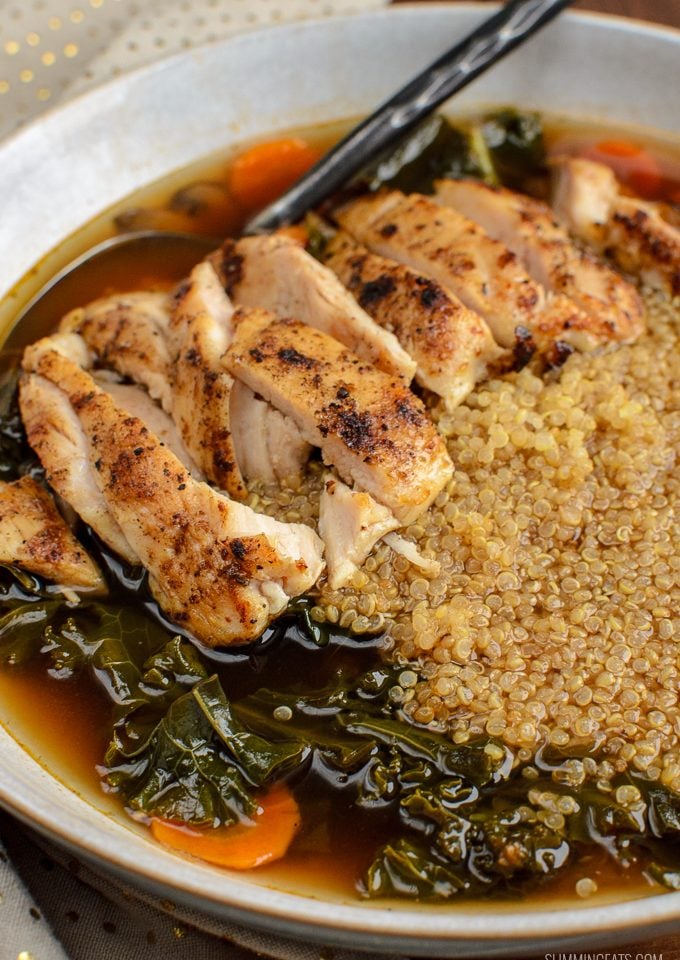 chicken, quinoa, kale bowl with spoon