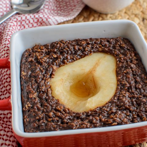 delicous ripe pear in chocolate baked oats