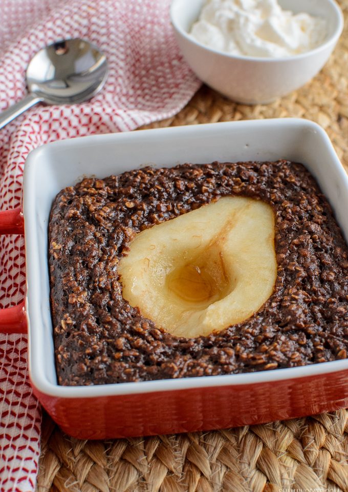 delicous ripe pear in chocolate baked oats