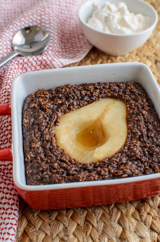 Delicious and totally indulgent Rich Chocolate and Pear Baked Oats to enjoy for breakfast or dessert.  Gluten Free, Vegetarian, Slimming Eats and Weight Watchers friendly | www.slimmingeats.com