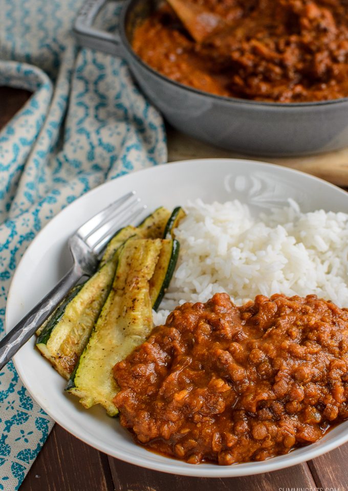 spicy sweet potato and lentils with zucchini and rice