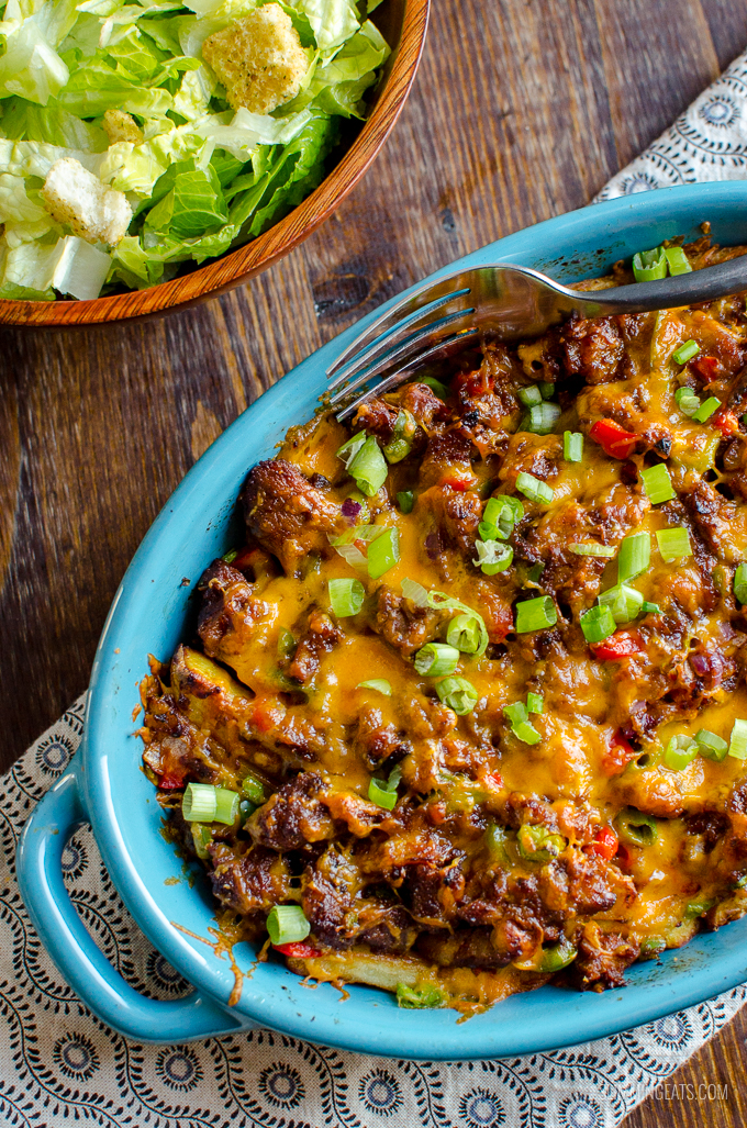 Make the ultimate sharing dish with these Amazing Pulled Pork Loaded Fries - a perfect recipe for leftover Pulled Pork. Gluten Free, Slimming Eats and Weight Watchers friendly | www.slimmingeats.com