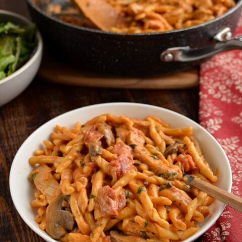 creamy one pot pork pasta in a bowl with fork