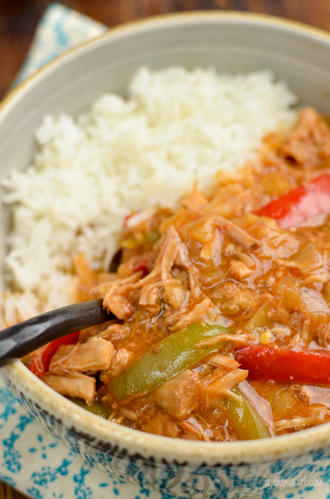 Delicious Slow Cooker Pineapple Pork with the sweetness of crushed pineapple, spicy kick of sambal oelek, plus soy sauce, and red and green pepper. Perfect with rice or noodles. Gluten Free, Slimming Eats and Weight Watchers friendly | www.slimmingeats.com #slimmingeats #weightwatchers #slowcooker #crockpot