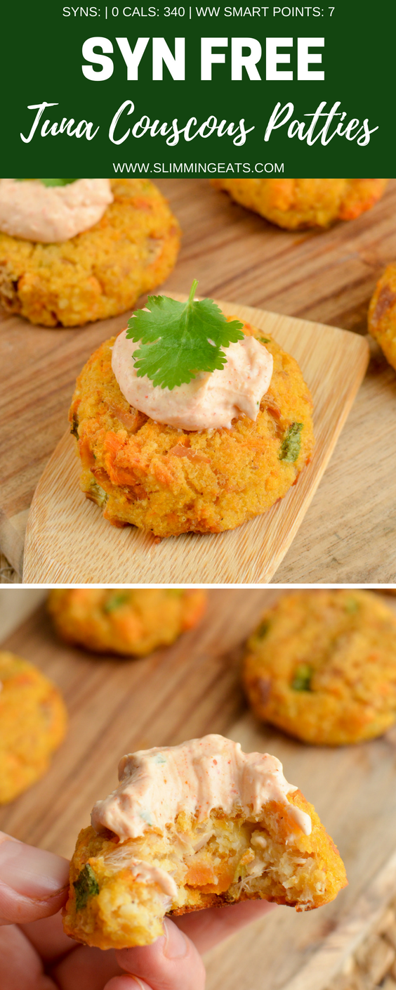 Syn Free Mini Tuna Couscous Patties - grab a few of these for a snack, serve as an appetizer or enjoy them for lunch with a mixed salad. Just a handful of simple ingredients for these delicious bites. | www.slimmingeats.com #weightwatchers #slimmingworld #synfree #tuna #fish