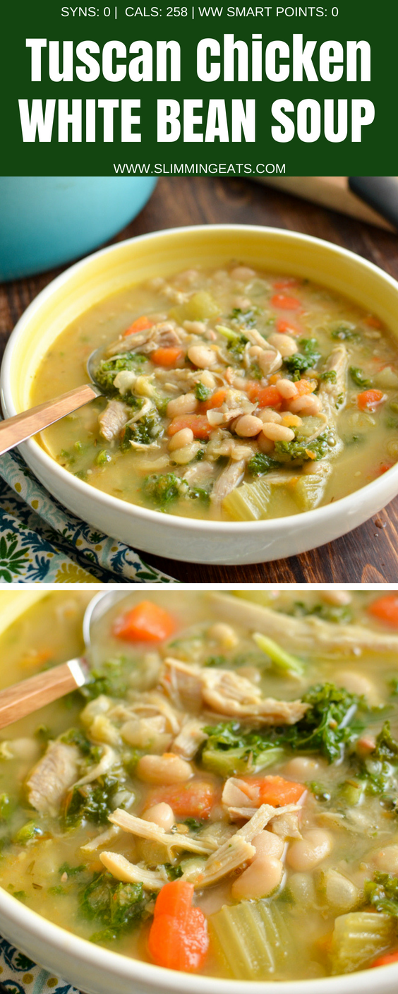 Dig into a hearty bowl of Syn Free Tuscan Chicken and White Bean Soup - a delicious, healthy and flavoursome soup that is perfect any time of year. Gluten Free, Dairy Free, Slimming World and Weight Watchers friendly | www.slimmingeats.com #slimmingworld #weightwatchers #glutenfree #dairyfree #soup #chicken