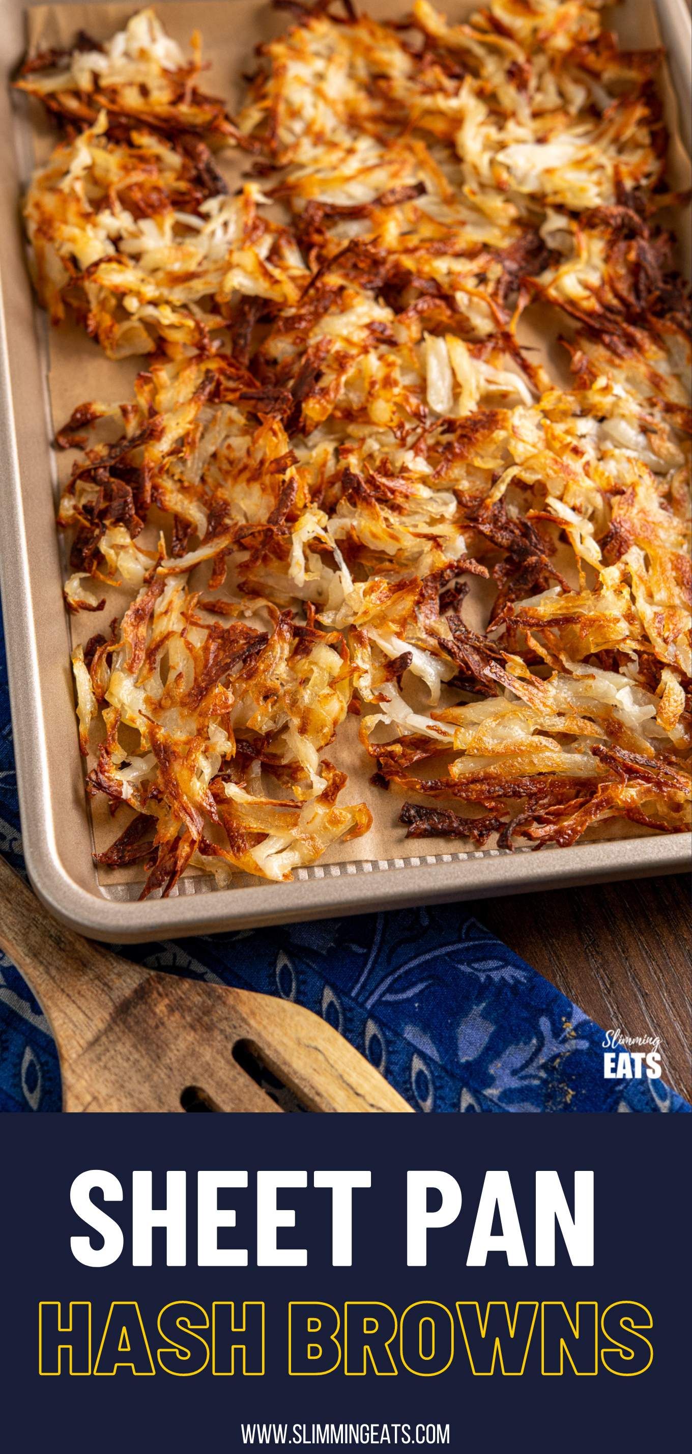 American style crispy golden sheet pan hash browns on baking tray pin image