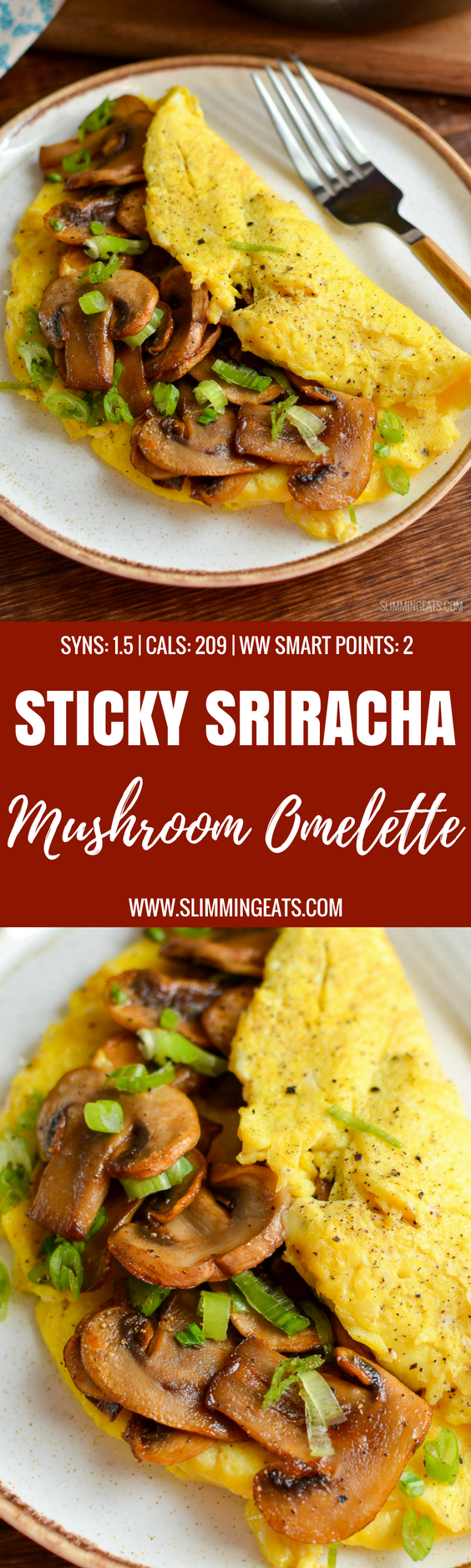 A sticky sriracha mushroom omelette recipe that is perfect for breakfast, lunch or dinner. Delicious fluffy omelette with spicy sweet sticky sriracha mushrooms. Perfect!! - gluten free, dairy free, vegetarian, Slimming World and Weight Watchers friendly #slimmingworld #weightwatchers #breakfast #eggs #mushrooms #sriracha