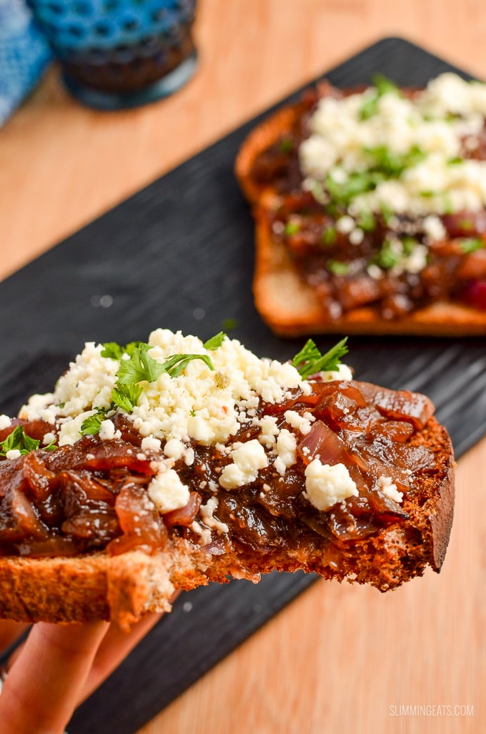 Bite into one of these Caramelized Onion Feta Crispy Toasts - delicious sweet caramelized onions, spread across crispy whole wheat toast topped with the lovely flavour of salt crumbled feta. Heavenly!! | vegetarian, Slimming Eats and Weight Watchers friendly #slimmingeats #weightwatchers #vegetarian #cheese Bite into one of these Caramelized Onion Feta Crispy Toasts - delicious sweet caramelized onions, spread across crispy whole wheat toast topped with the lovely flavour of salt crumbled feta. Heavenly!! | vegetarian, Slimming Eats and Weight Watchers friendly #slimmingeats #weightwatchers #vegetarian #cheese