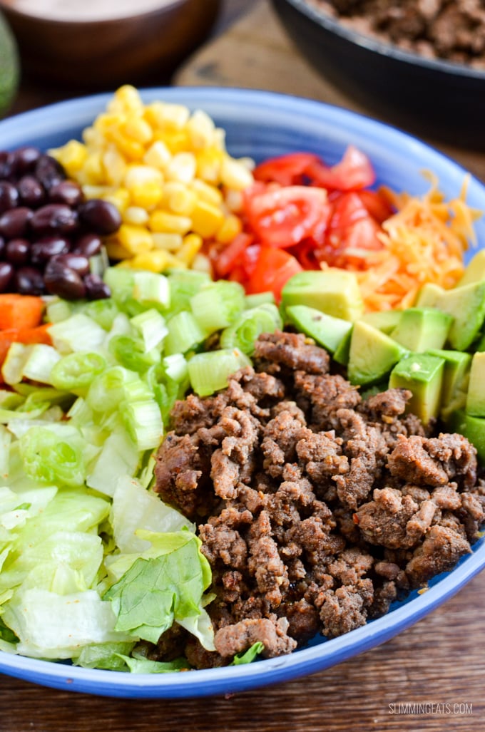 Love Tacos? Dig into this ultimate Taco Salad Bowl which is gluten free, Slimming Eats and Weight Watchers friendly #slimmingeats #weightwatchers #beef #tacosalad